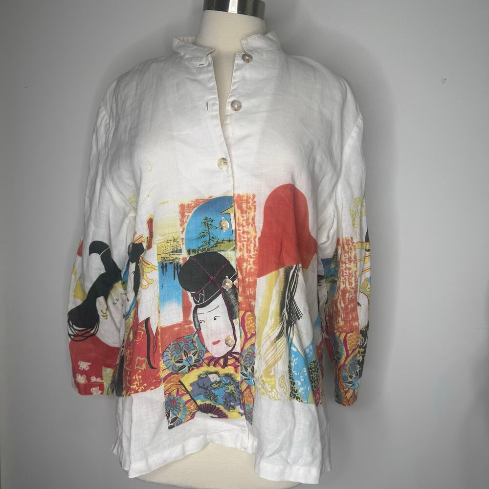 CITRON SANTA MONICA |  100% Linen Geisha Asian Print Ivory Blouse Size XL